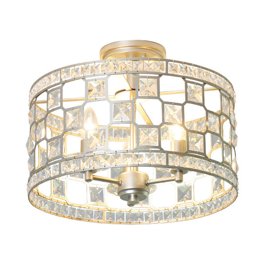 3 Bulbs Cylinder Semi Flush Light Traditionary Clear Glass Ceiling Mounted Fixture in Silver/Gold for Dining Room Clearhalo 'Ceiling Lights' 'Close To Ceiling Lights' 'Close to ceiling' 'Glass shade' 'Glass' 'Semi-flushmount' Lighting' 238165