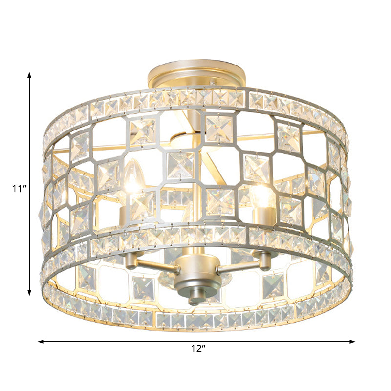 3 Bulbs Cylinder Semi Flush Light Traditionary Clear Glass Ceiling Mounted Fixture in Silver/Gold for Dining Room Clearhalo 'Ceiling Lights' 'Close To Ceiling Lights' 'Close to ceiling' 'Glass shade' 'Glass' 'Semi-flushmount' Lighting' 238166