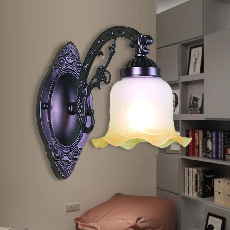 Flower Living Room Wall Light Sconce Vintage Style Metal 1/2 Lights Black/White Wall Lamp with Frosted Glass Shade 1.0 Black Clearhalo 'Wall Lamps & Sconces' 'Wall Lights' Lighting' 238185