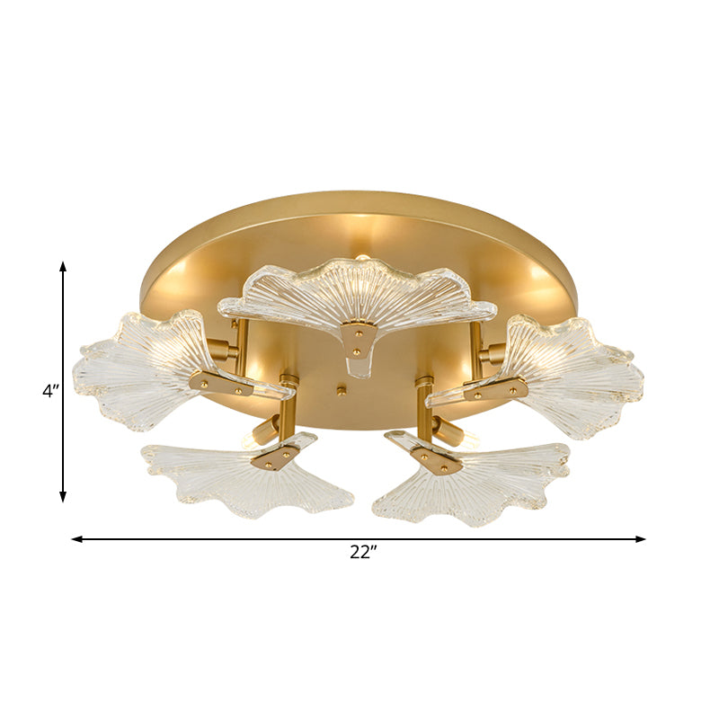 Leaf Flush Mount Tradition Clear Glass Brass 5 Bulbs Ceiling Light Fixture for Dining Room Clearhalo 'Ceiling Lights' 'Close To Ceiling Lights' 'Close to ceiling' 'Flush mount' Lighting' 238197