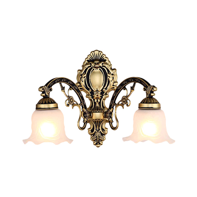 Brass/Gold Scalloped Wall Light Fixture Retro White Glass Shade 1/2-Light Living Room Wall Lamp Clearhalo 'Wall Lamps & Sconces' 'Wall Lights' Lighting' 238214