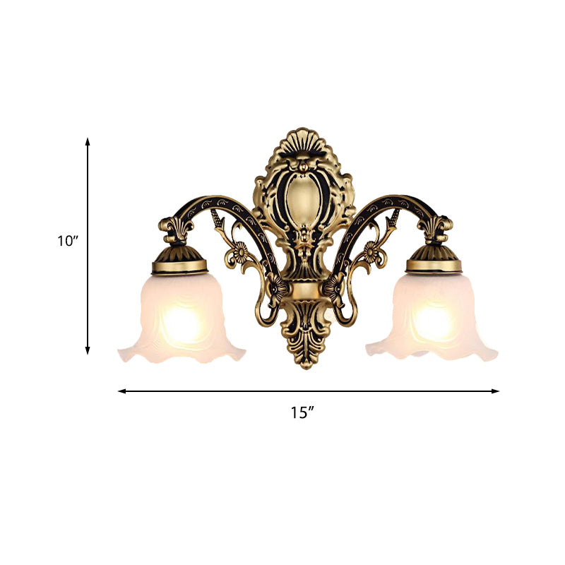 Brass/Gold Scalloped Wall Light Fixture Retro White Glass Shade 1/2-Light Living Room Wall Lamp Clearhalo 'Wall Lamps & Sconces' 'Wall Lights' Lighting' 238215