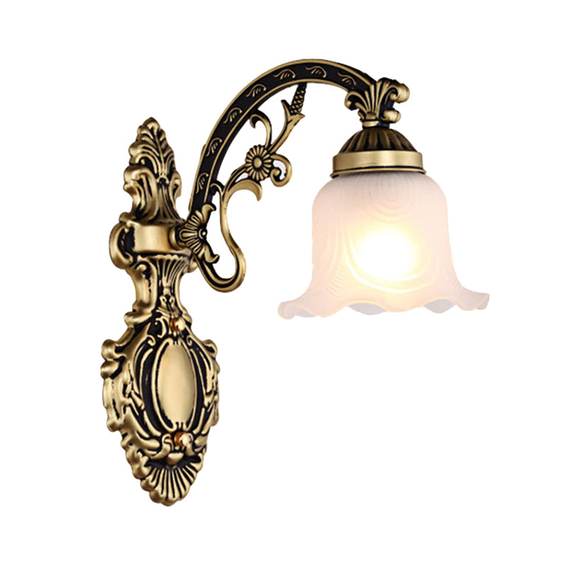 Brass/Gold Scalloped Wall Light Fixture Retro White Glass Shade 1/2-Light Living Room Wall Lamp Clearhalo 'Wall Lamps & Sconces' 'Wall Lights' Lighting' 238221