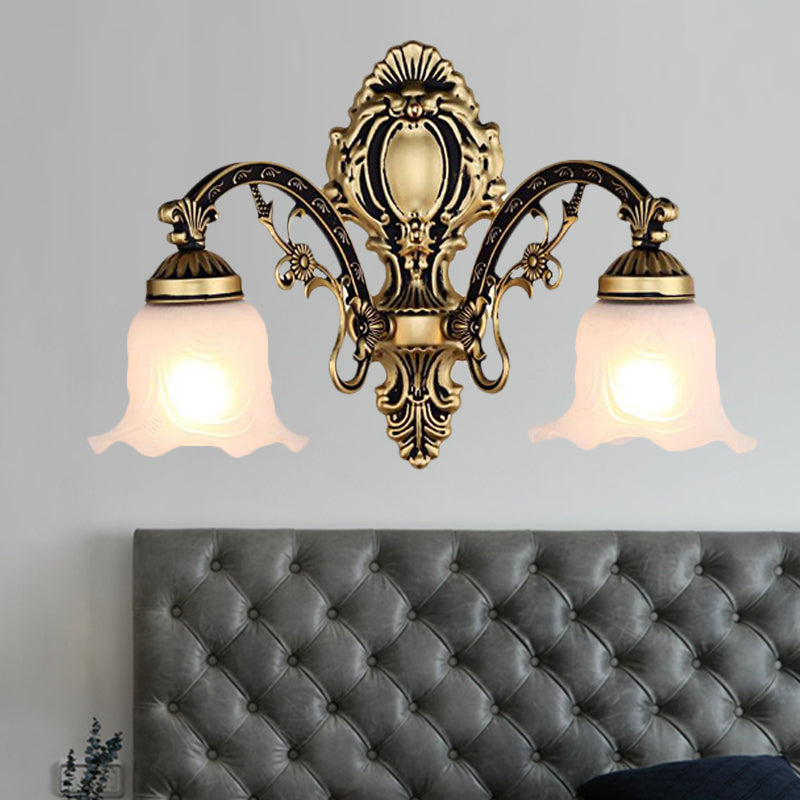 Brass/Gold Scalloped Wall Light Fixture Retro White Glass Shade 1/2-Light Living Room Wall Lamp 2.0 Brass Clearhalo 'Wall Lamps & Sconces' 'Wall Lights' Lighting' 238234