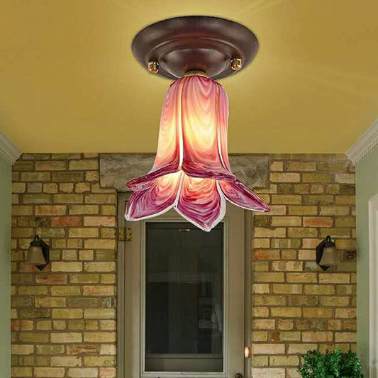 Flower Shaped White/Yellow/Purple Glass Flush Fixture Traditional 1 Light Living Room Ceiling Light Fixture Purple Clearhalo 'Ceiling Lights' 'Close To Ceiling Lights' 'Close to ceiling' 'Flush mount' Lighting' 238248