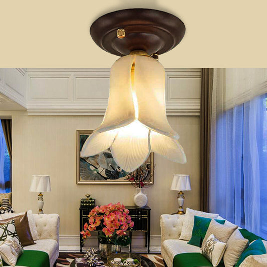 Flower Shaped White/Yellow/Purple Glass Flush Fixture Traditional 1 Light Living Room Ceiling Light Fixture White Clearhalo 'Ceiling Lights' 'Close To Ceiling Lights' 'Close to ceiling' 'Flush mount' Lighting' 238252