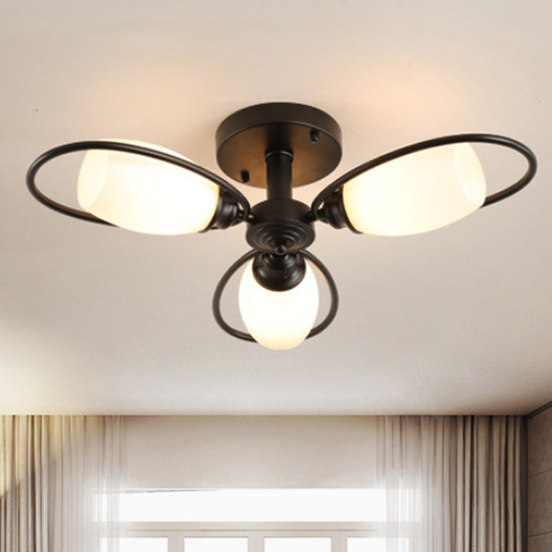 3/6/8 Lights Semi Flush Mount Traditional Flower Shape White Glass Ceiling Light in Black for Living Room Clearhalo 'Ceiling Lights' 'Close To Ceiling Lights' 'Close to ceiling' 'Glass shade' 'Glass' 'Semi-flushmount' Lighting' 238350