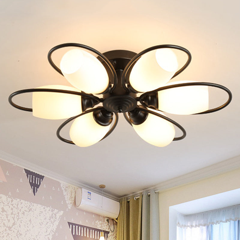 3/6/8 Lights Semi Flush Mount Traditional Flower Shape White Glass Ceiling Light in Black for Living Room Clearhalo 'Ceiling Lights' 'Close To Ceiling Lights' 'Close to ceiling' 'Glass shade' 'Glass' 'Semi-flushmount' Lighting' 238352