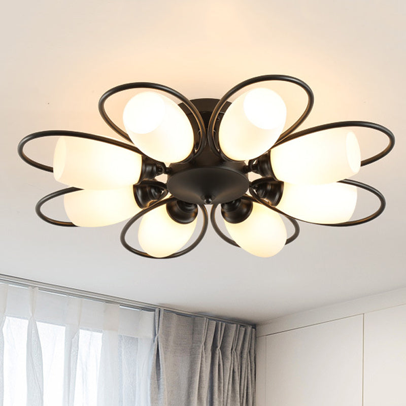 3/6/8 Lights Semi Flush Mount Traditional Flower Shape White Glass Ceiling Light in Black for Living Room Clearhalo 'Ceiling Lights' 'Close To Ceiling Lights' 'Close to ceiling' 'Glass shade' 'Glass' 'Semi-flushmount' Lighting' 238355