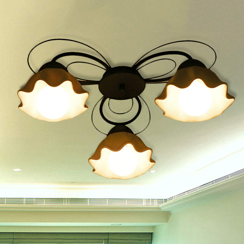 Black 3/5/6 Lights Ceiling Mount Traditional White Glass Scalloped Flush Light Fixture for Bedroom 3 White Clearhalo 'Ceiling Lights' 'Close To Ceiling Lights' 'Close to ceiling' 'Flush mount' Lighting' 238366