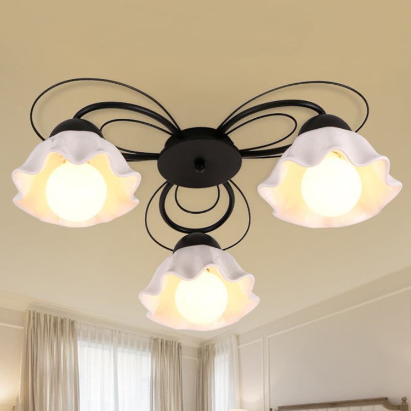 Black 3/5/6 Lights Ceiling Mount Traditional White Glass Scalloped Flush Light Fixture for Bedroom Clearhalo 'Ceiling Lights' 'Close To Ceiling Lights' 'Close to ceiling' 'Flush mount' Lighting' 238368