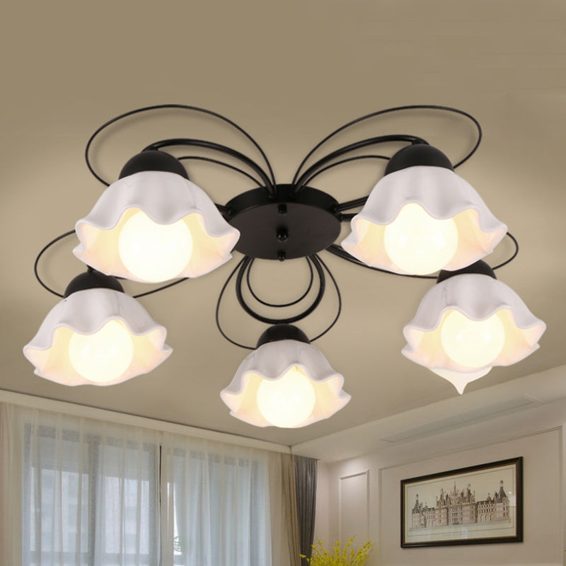 Black 3/5/6 Lights Ceiling Mount Traditional White Glass Scalloped Flush Light Fixture for Bedroom 5 White Clearhalo 'Ceiling Lights' 'Close To Ceiling Lights' 'Close to ceiling' 'Flush mount' Lighting' 238370