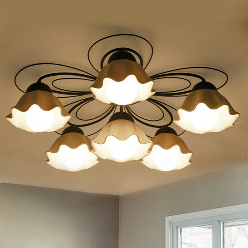 Black 3/5/6 Lights Ceiling Mount Traditional White Glass Scalloped Flush Light Fixture for Bedroom 6 White Clearhalo 'Ceiling Lights' 'Close To Ceiling Lights' 'Close to ceiling' 'Flush mount' Lighting' 238371