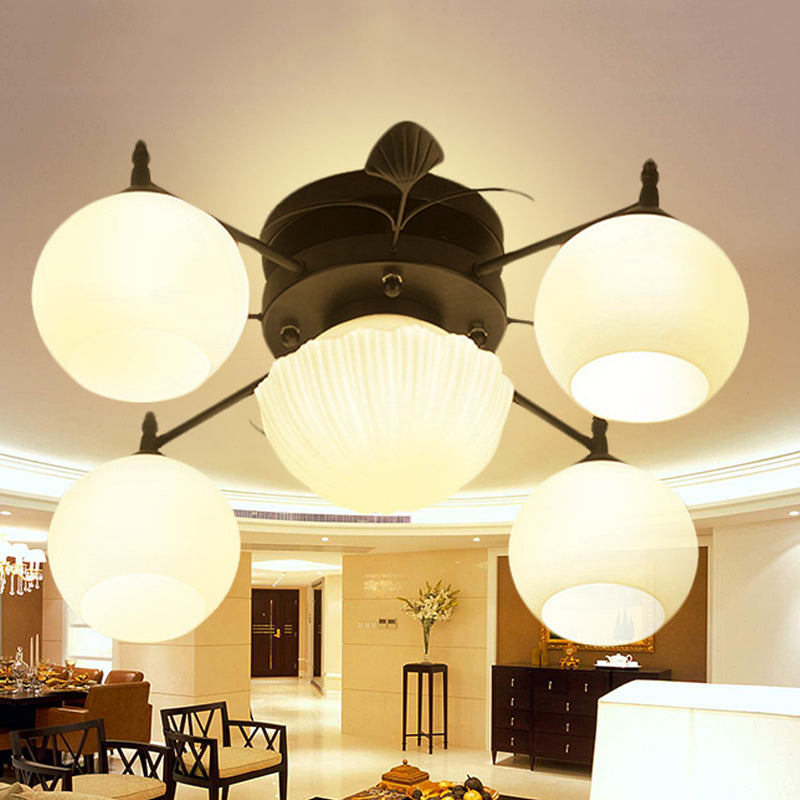 Bubble Shade Living Room Semi Mount Lighting Traditional White Glass 5/7 Lights Black Ceiling Light Clearhalo 'Ceiling Lights' 'Chandeliers' 'Close To Ceiling Lights' 'Close to ceiling' 'Glass shade' 'Glass' 'Semi-flushmount' Lighting' 238378