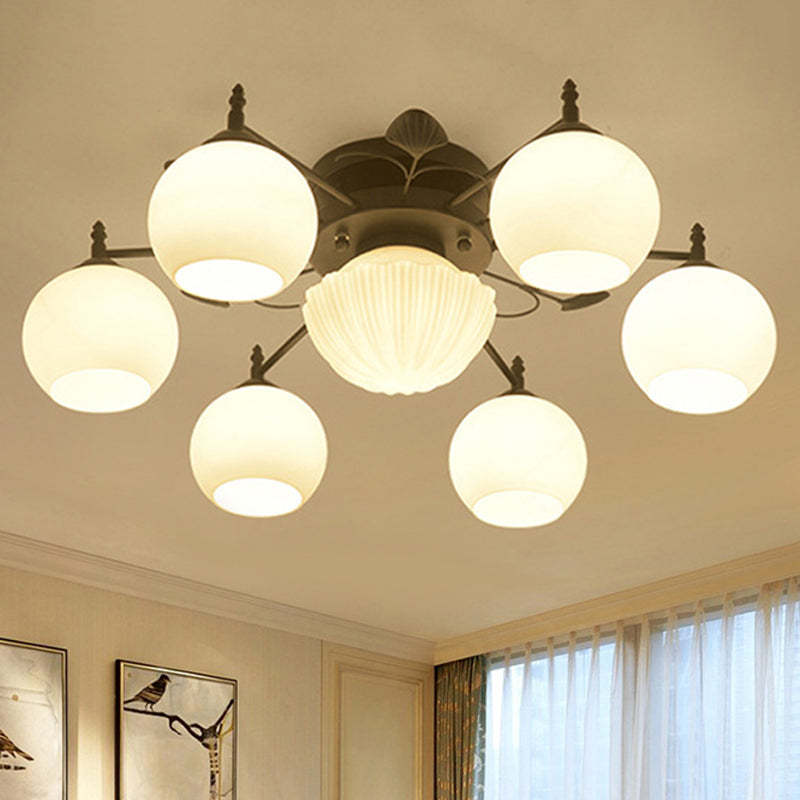 Bubble Shade Living Room Semi Mount Lighting Traditional White Glass 5/7 Lights Black Ceiling Light Clearhalo 'Ceiling Lights' 'Chandeliers' 'Close To Ceiling Lights' 'Close to ceiling' 'Glass shade' 'Glass' 'Semi-flushmount' Lighting' 238379