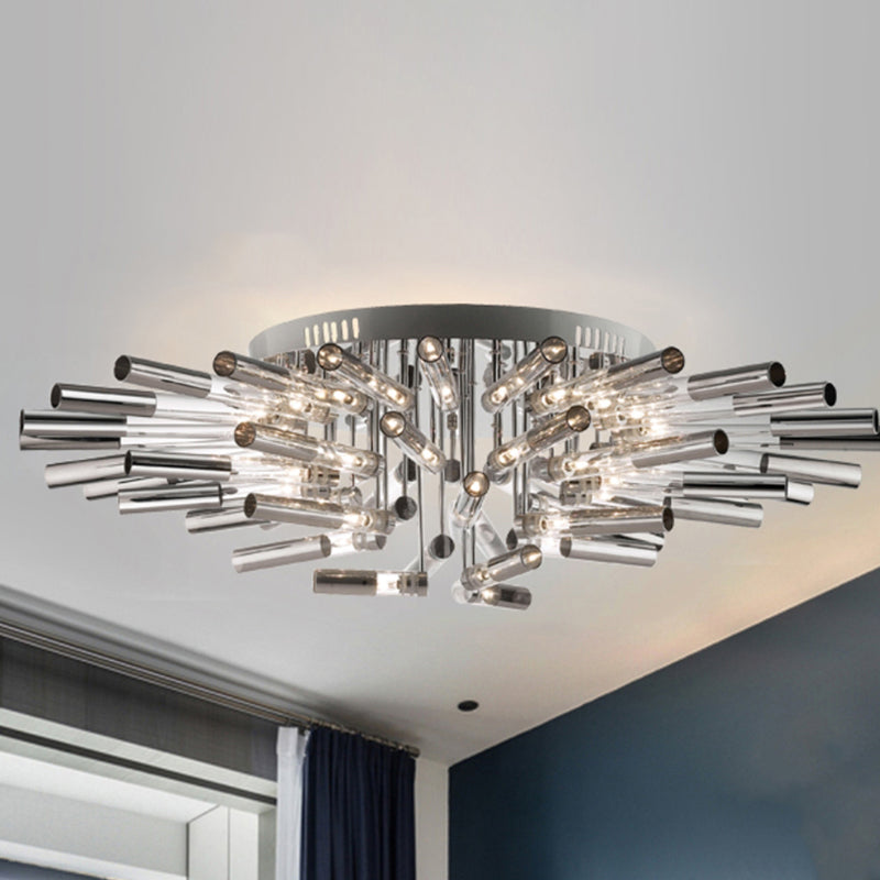 Modern Sputnik Semi Flush Light Stainless Steel 9/21 Lights Dining Room Ceiling Light Fixture with Tube Shade in Silver 45 Silver Clearhalo 'Ceiling Lights' 'Close To Ceiling Lights' 'Close to ceiling' 'Semi-flushmount' Lighting' 238381