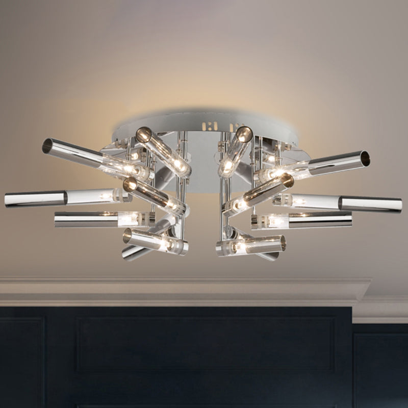 Modern Sputnik Semi Flush Light Stainless Steel 9/21 Lights Dining Room Ceiling Light Fixture with Tube Shade in Silver 21 Silver Clearhalo 'Ceiling Lights' 'Close To Ceiling Lights' 'Close to ceiling' 'Semi-flushmount' Lighting' 238382