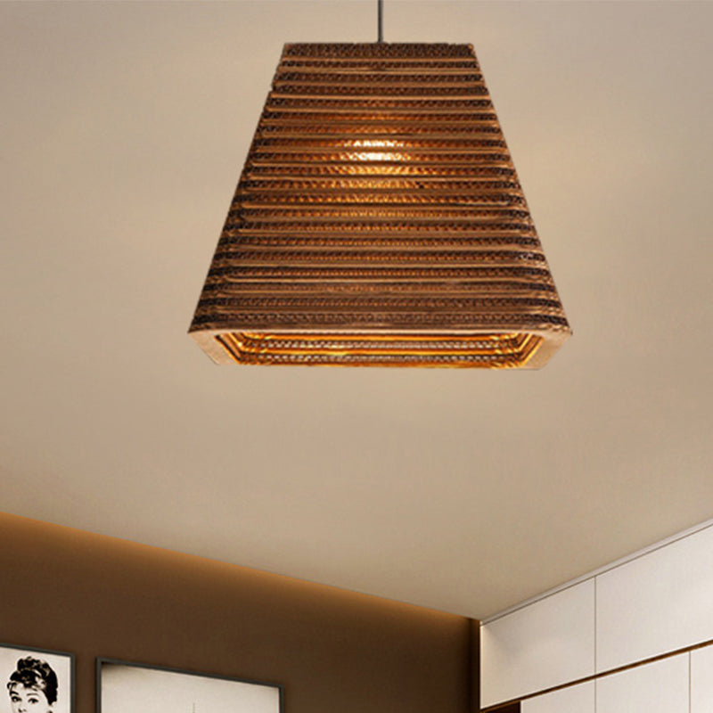 Paper Trapezoid Suspension Lamp Asian Style 1 Light Hanging Pendant over Dining Table Brown A Clearhalo 'Ceiling Lights' 'Pendant Lights' 'Pendants' Lighting' 238390_7b48fefd-ee73-4d55-b9b0-fb4246ec2076