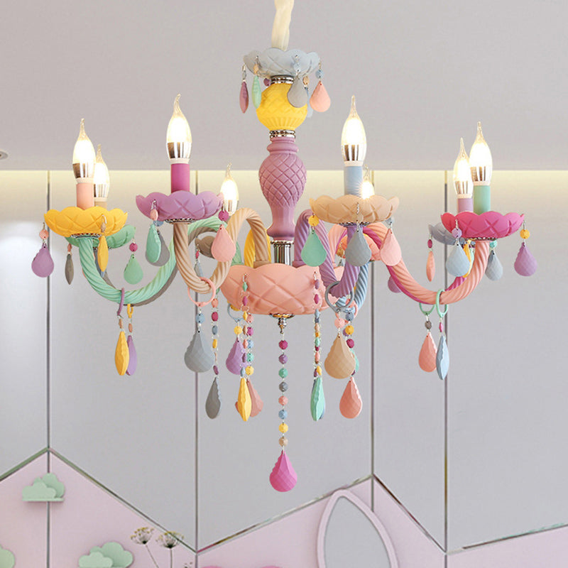 Candelabra Ceiling Chandelier Macaron Colorful Glass Kids Bedroom Pendant Light in Purple Clearhalo 'Ceiling Lights' 'Chandeliers' Lighting' 2384620