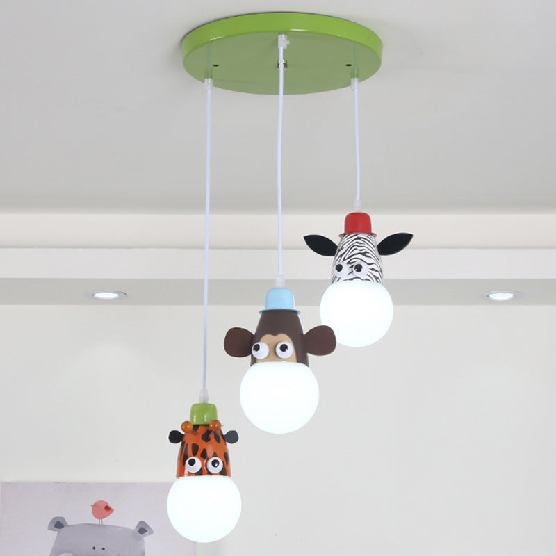 Metal Animal Head Cluster Pendant Cartoon 3 Lights White-Green Hanging Light for Kids Bedroom White Clearhalo 'Ceiling Lights' 'Pendant Lights' 'Pendants' Lighting' 2384628