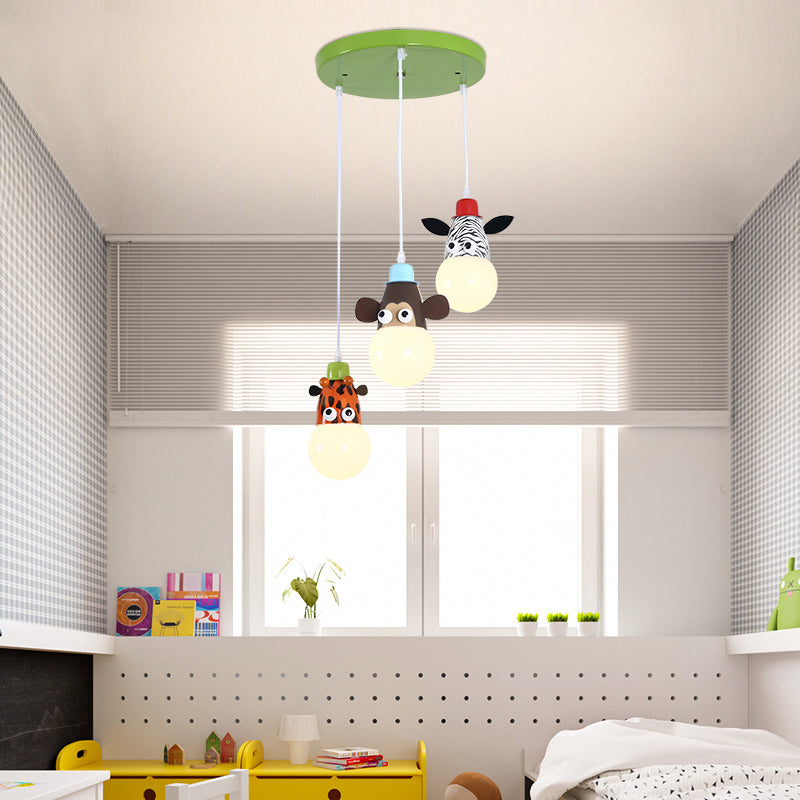 Metal Animal Head Cluster Pendant Cartoon 3 Lights White-Green Hanging Light for Kids Bedroom Clearhalo 'Ceiling Lights' 'Pendant Lights' 'Pendants' Lighting' 2384629