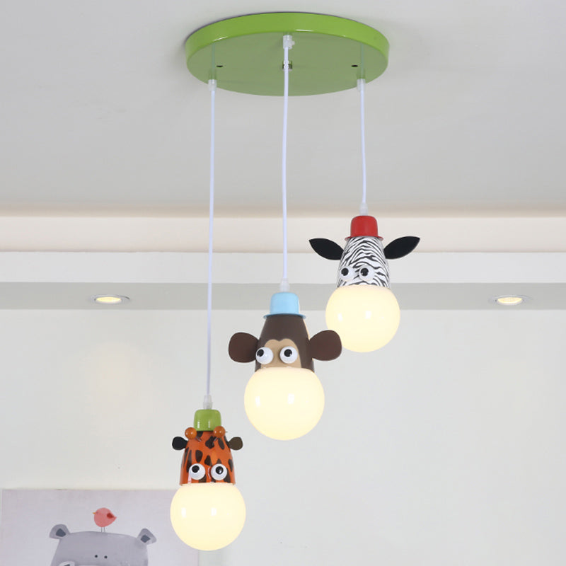 Metal Animal Head Cluster Pendant Cartoon 3 Lights White-Green Hanging Light for Kids Bedroom Clearhalo 'Ceiling Lights' 'Pendant Lights' 'Pendants' Lighting' 2384630