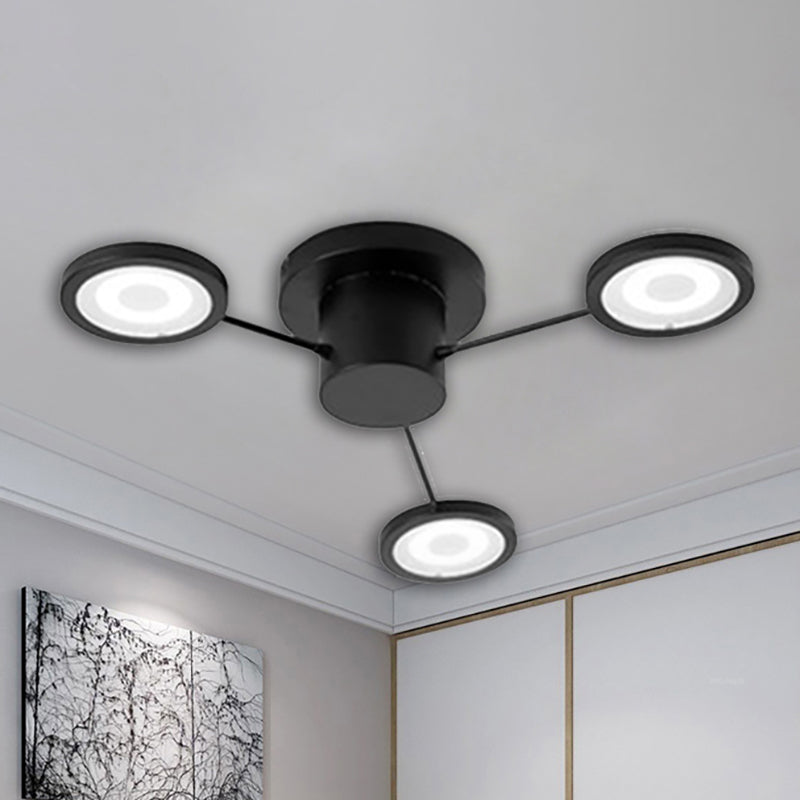 Small Disk Semi Flush Light Fixture Modern Metal 3 Lights Black/White Ceiling Flush Mount for Bedroom in Warm/White Black Clearhalo 'Ceiling Lights' 'Close To Ceiling Lights' 'Close to ceiling' 'Semi-flushmount' Lighting' 238474