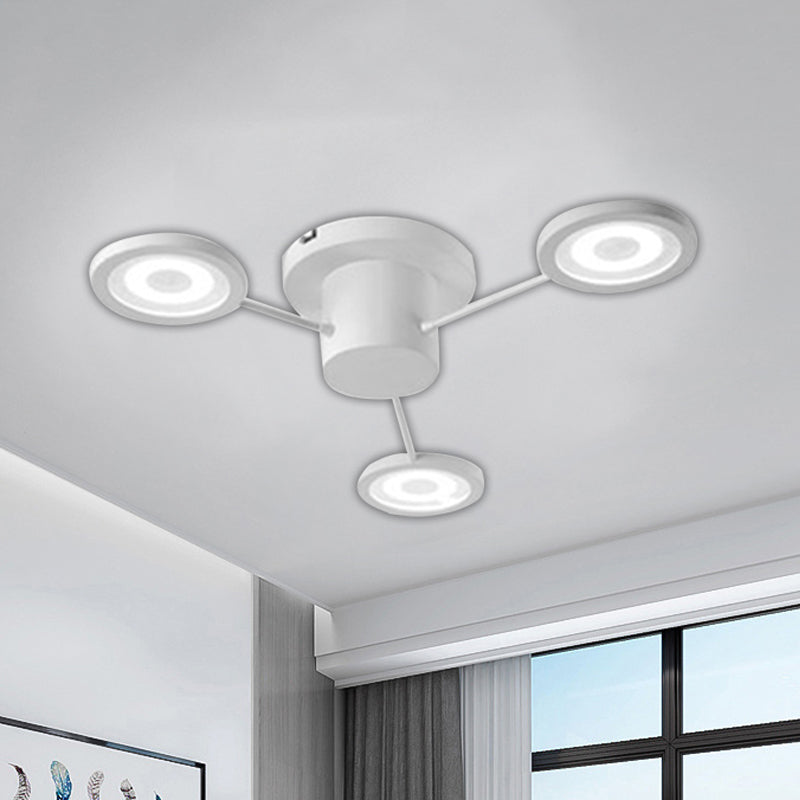 Small Disk Semi Flush Light Fixture Modern Metal 3 Lights Black/White Ceiling Flush Mount for Bedroom in Warm/White White Clearhalo 'Ceiling Lights' 'Close To Ceiling Lights' 'Close to ceiling' 'Semi-flushmount' Lighting' 238477