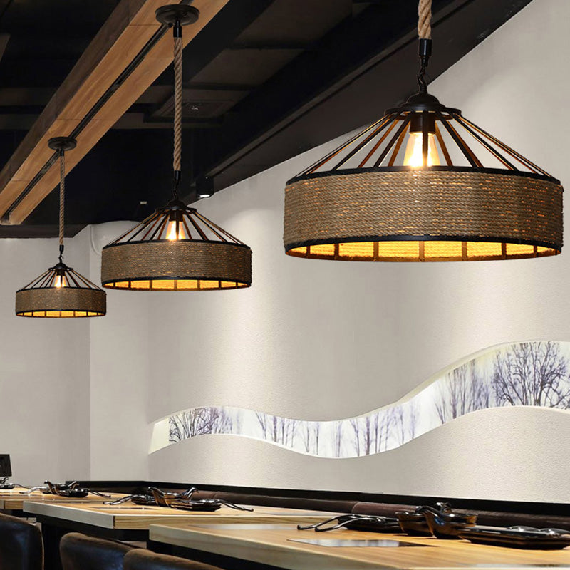 Conical Cage Restaurant Hanging Light Farmhouse Hemp Rope 1 Bulb Brown Drop Pendant Clearhalo 'Ceiling Lights' 'Industrial Pendants' 'Industrial' 'Middle Century Pendants' 'Pendant Lights' 'Pendants' 'Tiffany' Lighting' 2384770