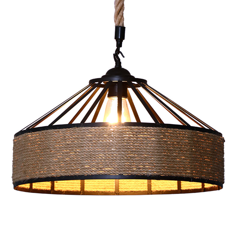 Conical Cage Restaurant Hanging Light Farmhouse Hemp Rope 1 Bulb Brown Drop Pendant Clearhalo 'Ceiling Lights' 'Industrial Pendants' 'Industrial' 'Middle Century Pendants' 'Pendant Lights' 'Pendants' 'Tiffany' Lighting' 2384773