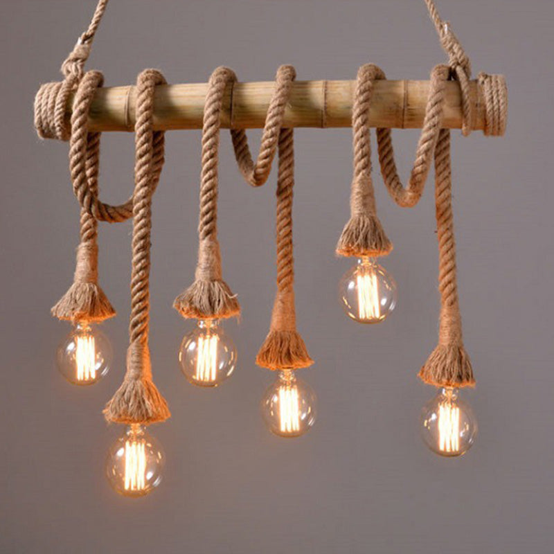 Brown Island Pendant Light Rustic Rope Open Bulb Hanging Light Kit with Bamboo Pole 6 Brown Clearhalo 'Ceiling Lights' 'Island Lights' Lighting' 2384777
