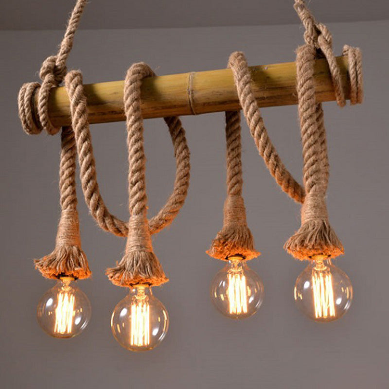 Brown Island Pendant Light Rustic Rope Open Bulb Hanging Light Kit with Bamboo Pole 4 Brown Clearhalo 'Ceiling Lights' 'Island Lights' Lighting' 2384778