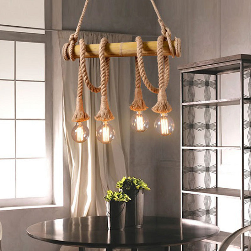 Brown Island Pendant Light Rustic Rope Open Bulb Hanging Light Kit with Bamboo Pole Clearhalo 'Ceiling Lights' 'Island Lights' Lighting' 2384779