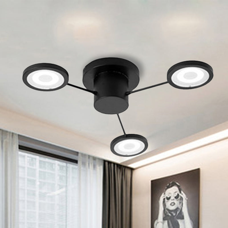 Small Disk Semi Flush Light Fixture Modern Metal 3 Lights Black/White Ceiling Flush Mount for Bedroom in Warm/White Clearhalo 'Ceiling Lights' 'Close To Ceiling Lights' 'Close to ceiling' 'Semi-flushmount' Lighting' 238478