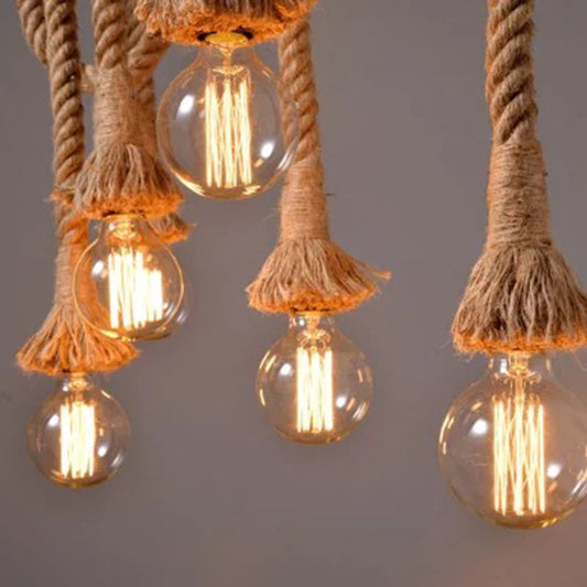 Brown Island Pendant Light Rustic Rope Open Bulb Hanging Light Kit with Bamboo Pole Clearhalo 'Ceiling Lights' 'Island Lights' Lighting' 2384780