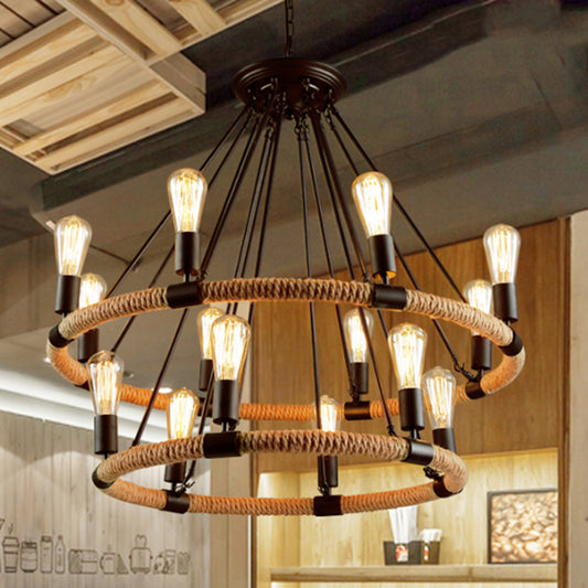 Circular Roped Pendant Lighting Country Style 14 Heads Restaurant Chandelier in Brown Clearhalo 'Cast Iron' 'Ceiling Lights' 'Chandeliers' 'Industrial Chandeliers' 'Industrial' 'Metal' 'Middle Century Chandeliers' 'Rustic Chandeliers' 'Tiffany' Lighting' 2384802