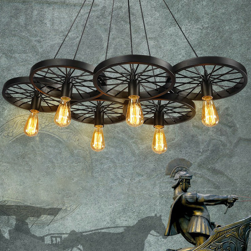 Wagon Wheel Shaped Bar Pendant Lamp Industrial Metal Multi Hanging Light Fixture 6 Black Clearhalo 'Art Deco Pendants' 'Black' 'Cast Iron' 'Ceiling Lights' 'Ceramic' 'Crystal' 'Industrial Pendants' 'Industrial' 'Metal' 'Middle Century Pendants' 'Pendant Lights' 'Pendants' 'Rustic Pendants' 'Tiffany' Lighting' 2384830