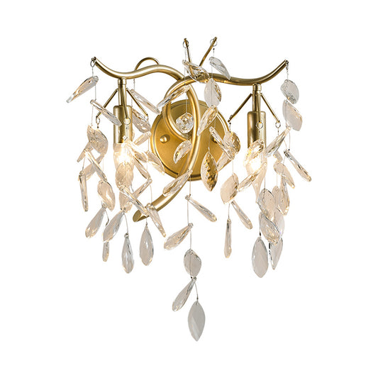 2-Light Foliage Wall Sconce Traditional Champagne K9 Crystal Wall Light Fixture for Bedroom Clearhalo 'Wall Lamps & Sconces' 'Wall Lights' Lighting' 2384995