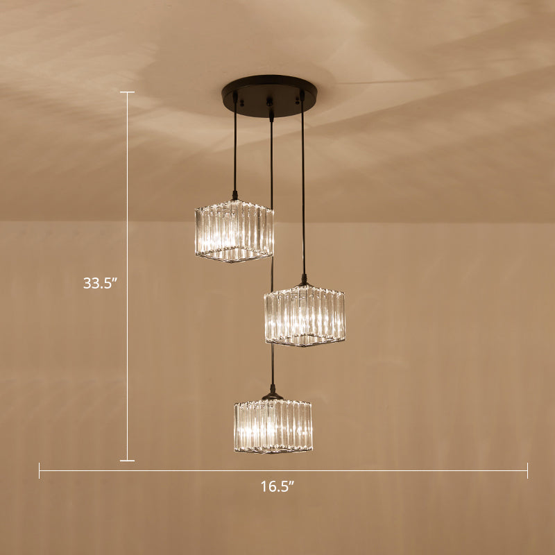 Square Crystal Cluster Pendant Light Simplicity 3-Bulb Dining Room Ceiling Hang Light in Black Clearhalo 'Ceiling Lights' 'Pendant Lights' 'Pendants' Lighting' 2384999