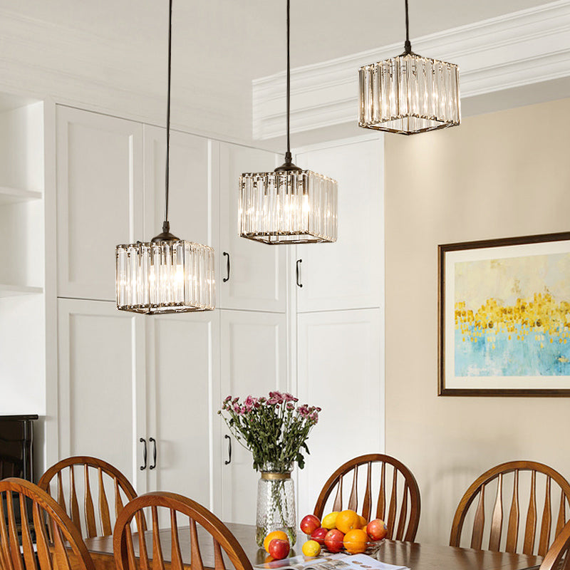 Square Crystal Cluster Pendant Light Simplicity 3-Bulb Dining Room Ceiling Hang Light in Black Clearhalo 'Ceiling Lights' 'Pendant Lights' 'Pendants' Lighting' 2385003