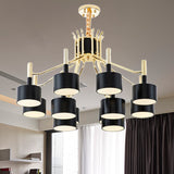 Starburst Ceiling Pendant Light with Drum Metal Shade Modern 12/15 Lights Black/White Chandelier Light for Bedroom 12 Black Clearhalo 'Ceiling Lights' 'Chandeliers' 'Modern Chandeliers' 'Modern' Lighting' 238500