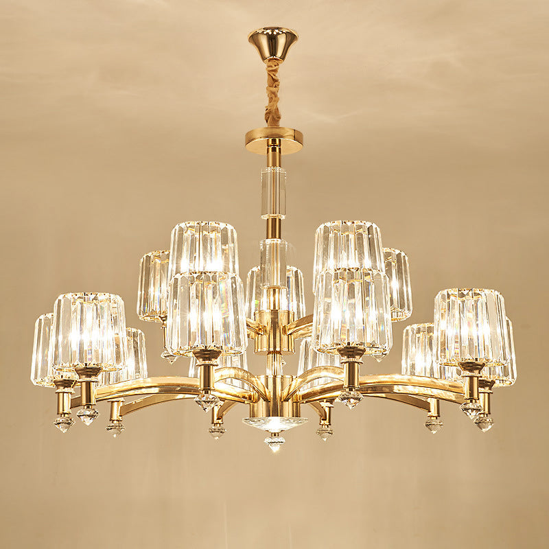 Cylindrical Living Room Chandelier Clear Crystal Modernism Hanging Light in Brass 15 Brass Clearhalo 'Ceiling Lights' 'Chandeliers' Lighting' options 2385053_70f01997-132f-490a-a86e-9af2ab459c18