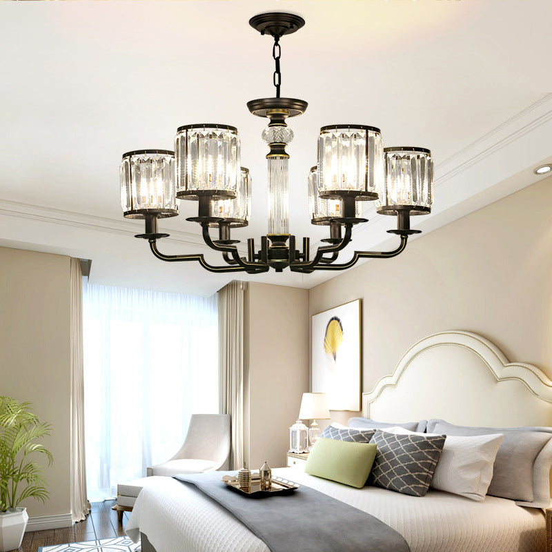 Black Finish Pendant Lamp Minimalist Crystal Cylinder Hanging Chandelier for Bedroom Clearhalo 'Ceiling Lights' 'Chandeliers' Lighting' options 2385056