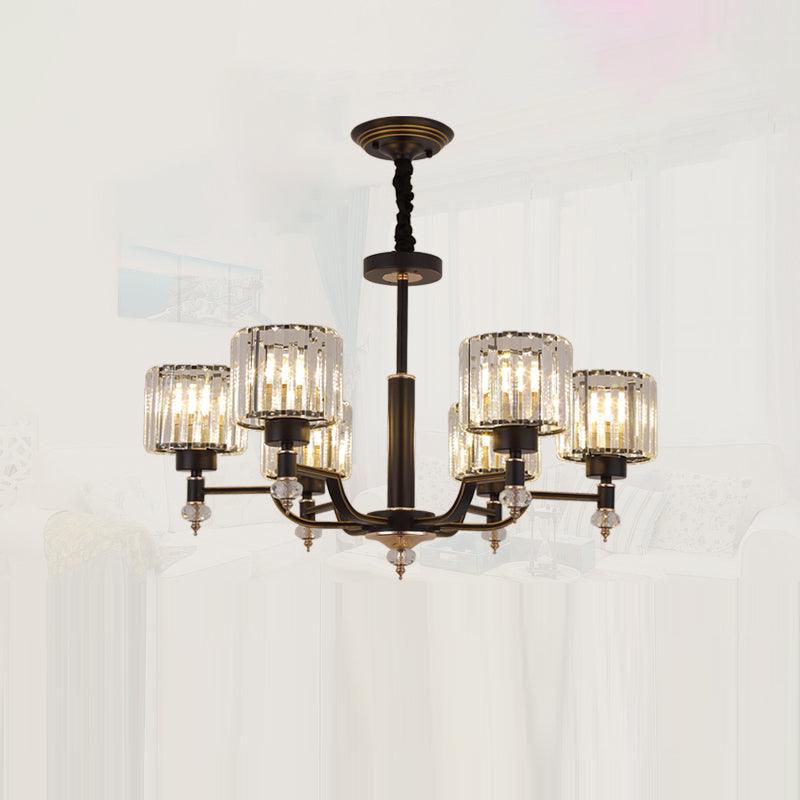 Minimalist Style Up Chandelier Black Cylindrical Suspension Light with Crystal Shade 6 Black Clearhalo 'Ceiling Lights' 'Chandeliers' Lighting' options 2385066_16e0c43b-b1a2-4b32-9a68-a735a9c1179b