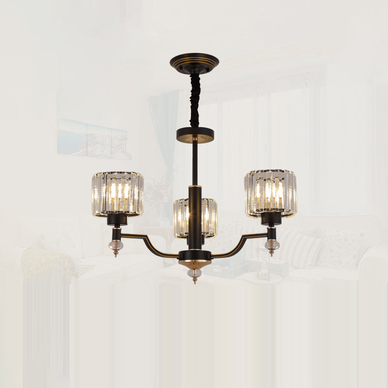 Minimalist Style Up Chandelier Black Cylindrical Suspension Light with Crystal Shade Clearhalo 'Ceiling Lights' 'Chandeliers' Lighting' options 2385069