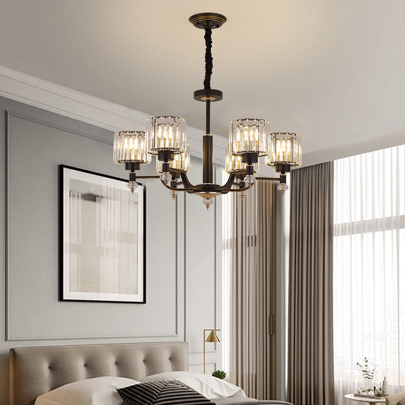 Minimalist Style Up Chandelier Black Cylindrical Suspension Light with Crystal Shade Clearhalo 'Ceiling Lights' 'Chandeliers' Lighting' options 2385070