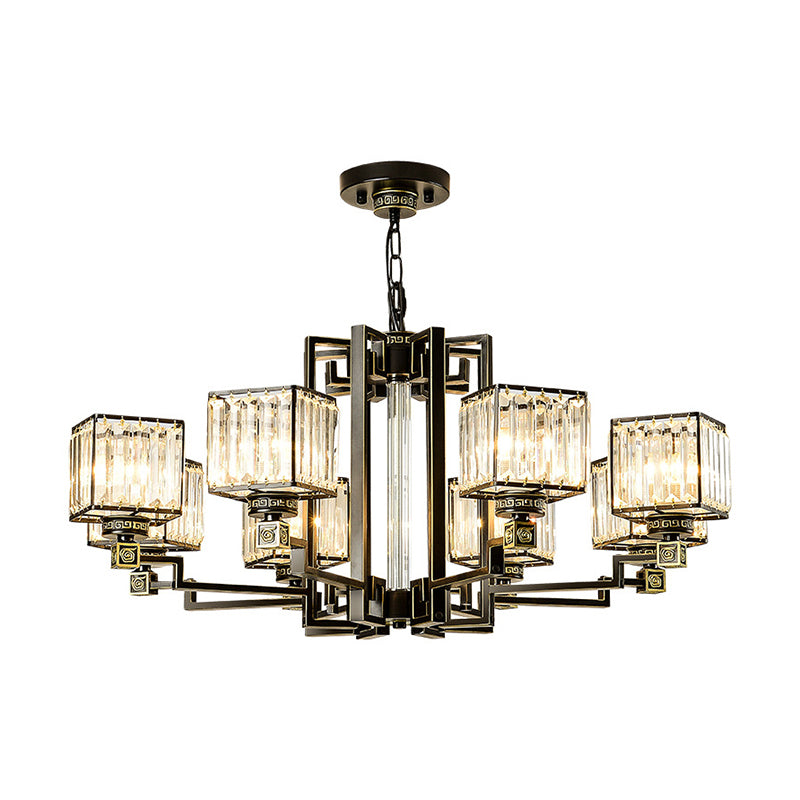 Traditional Cubic Pendant Lighting Clear Tri-Sided Glass Chandelier Light Fixture in Black Clearhalo 'Ceiling Lights' 'Chandeliers' Lighting' options 2385078