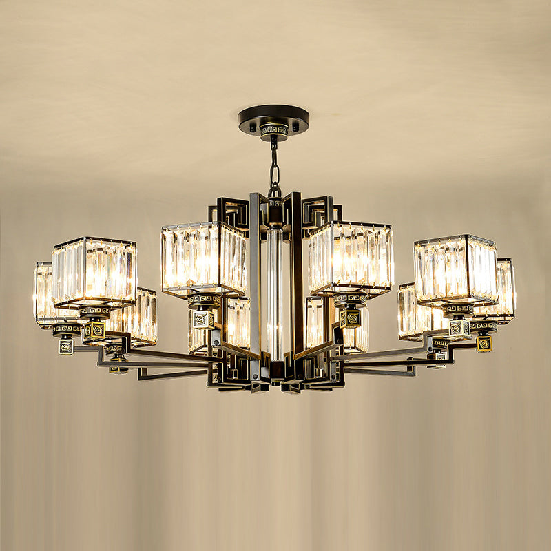 Traditional Cubic Pendant Lighting Clear Tri-Sided Glass Chandelier Light Fixture in Black Clearhalo 'Ceiling Lights' 'Chandeliers' Lighting' options 2385079