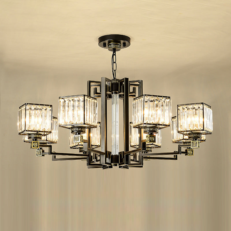 Traditional Cubic Pendant Lighting Clear Tri-Sided Glass Chandelier Light Fixture in Black Clearhalo 'Ceiling Lights' 'Chandeliers' Lighting' options 2385080