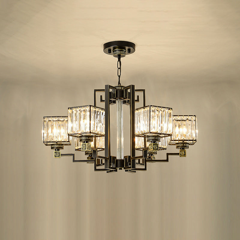 Traditional Cubic Pendant Lighting Clear Tri-Sided Glass Chandelier Light Fixture in Black Clearhalo 'Ceiling Lights' 'Chandeliers' Lighting' options 2385081